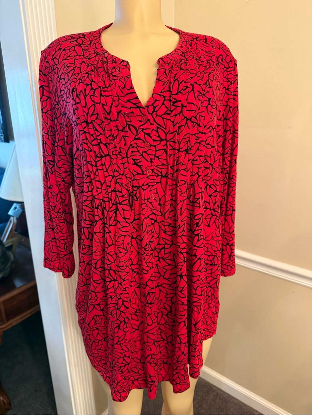 Simply Emma Red Tunic with Black Leaf Print